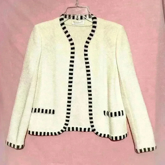 Vintage 60s Beetlejuice White Knit Cardigan Sweater Open Front Striped Trim - Picture 1 of 12